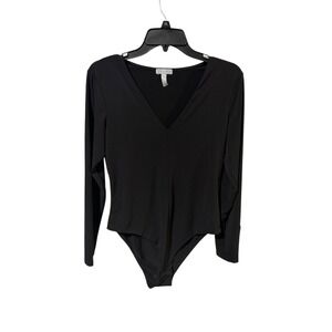 Leith Size Large Black V Neck Long Sleeve Button Cuff Bodysuit Top